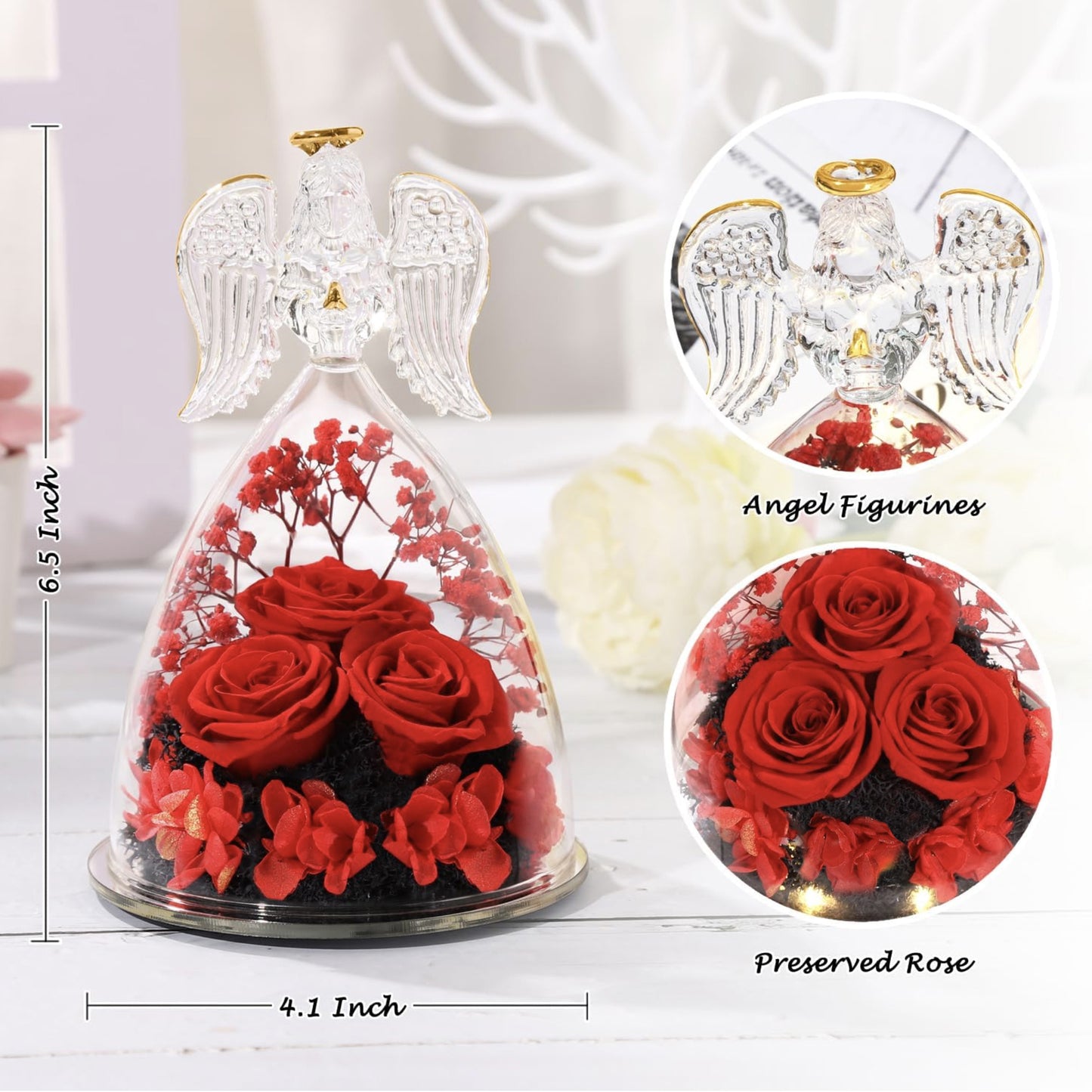 3pcs Red Preserved Rose In Angel Glass Dome