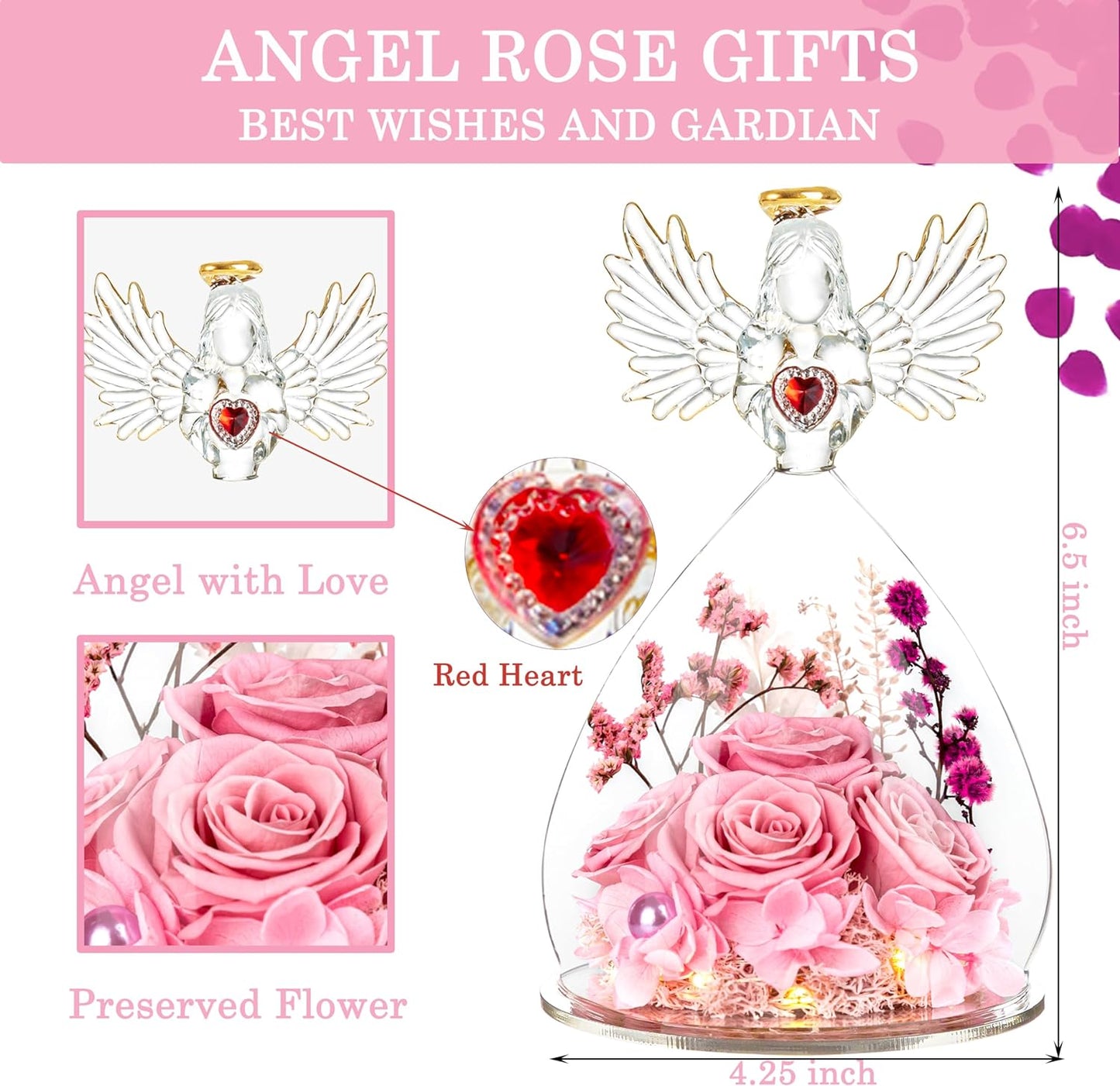 4pcs Rosa Preservada Rosa En Ángel Cúpula de Cristal