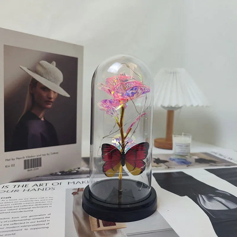 Galaxy Flowers In Glass Dome with Butterfly