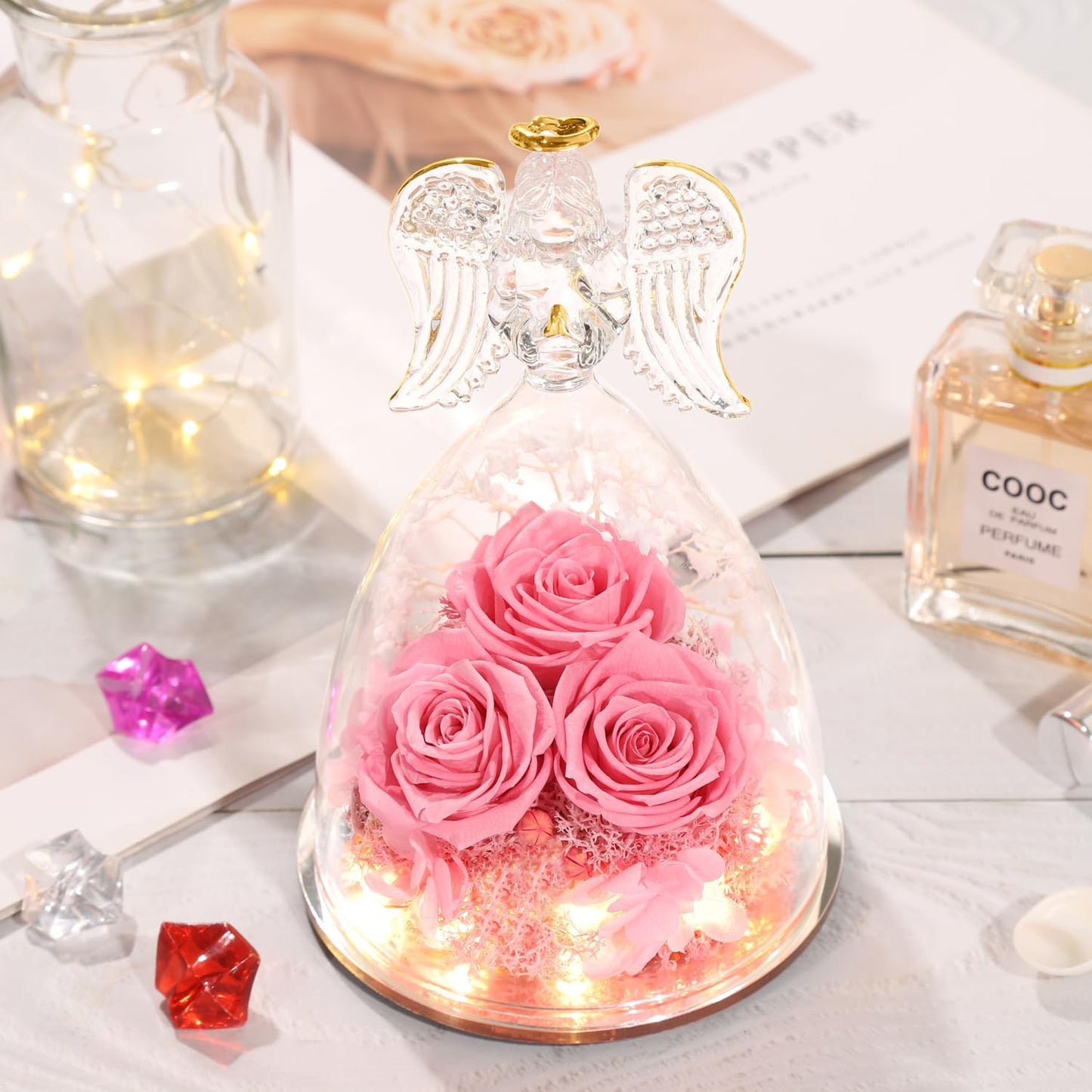 3pcs Pink Preserved Rose In Angel Glass Dome