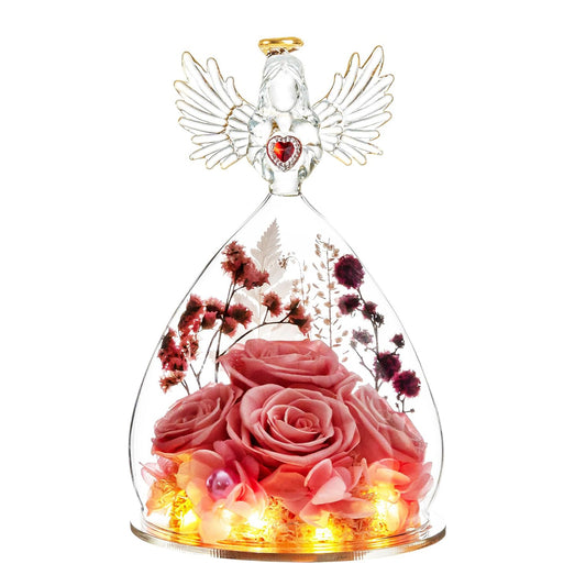 4pcs Pink Preserved Rose In Angel Glass Dome