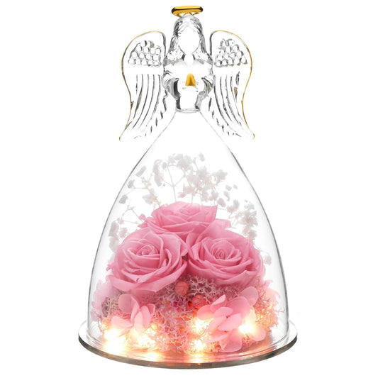 3pcs Pink Preserved Rose In Angel Glass Dome