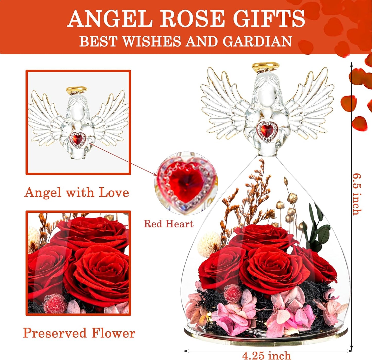 4pcs Red Preserved Rose In Angel Glass Dome