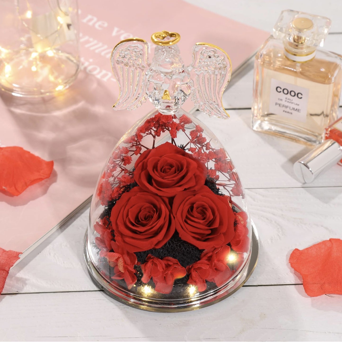 3pcs Red Preserved Rose In Angel Glass Dome