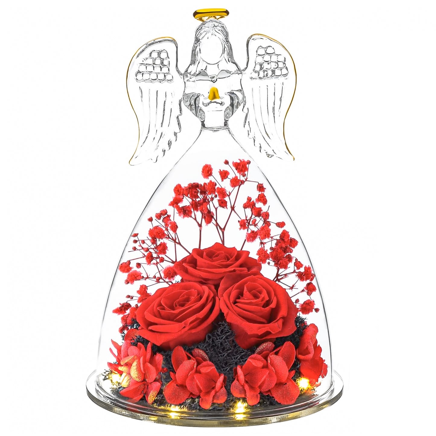 3pcs Red Preserved Rose In Angel Glass Dome