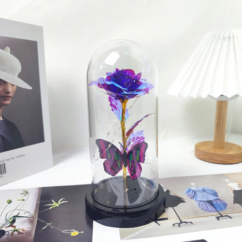 Galaxy Flowers In Glass Dome with Butterfly